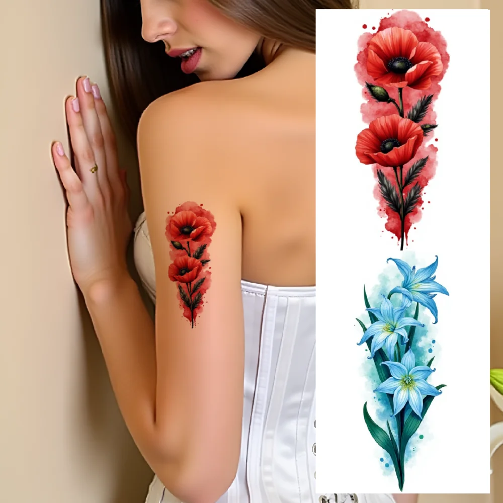 

9pcs Temporary Tattoo Waterproof Long-lasting Body Stickers Blue Irises Floral Tattoo For Back Thighs Male