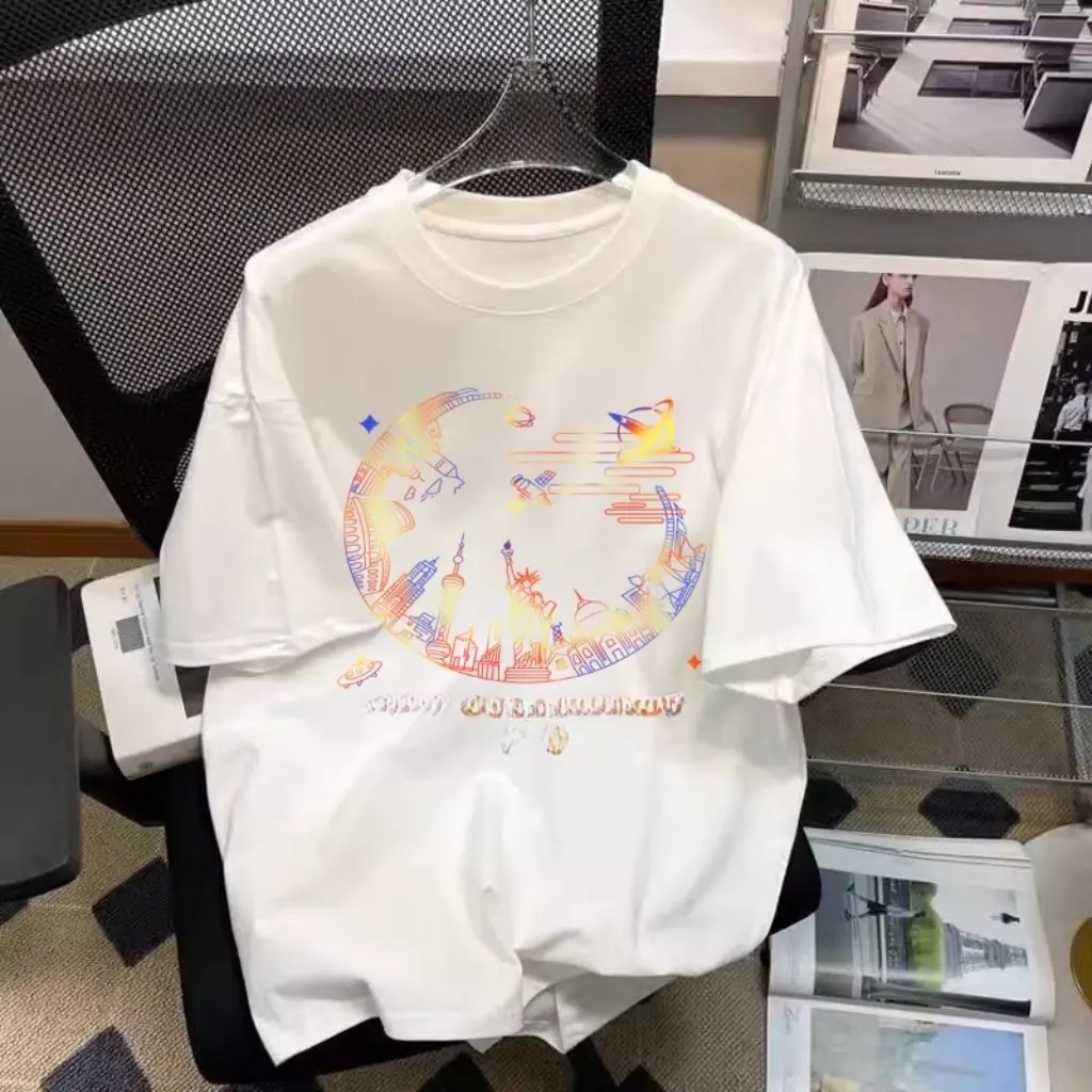 

Women's Cotton Short-Sleeved T-shirt Trendy Brand round Neck Loose Fit White Printed Top All-Match Base Shirt for Casual Wear