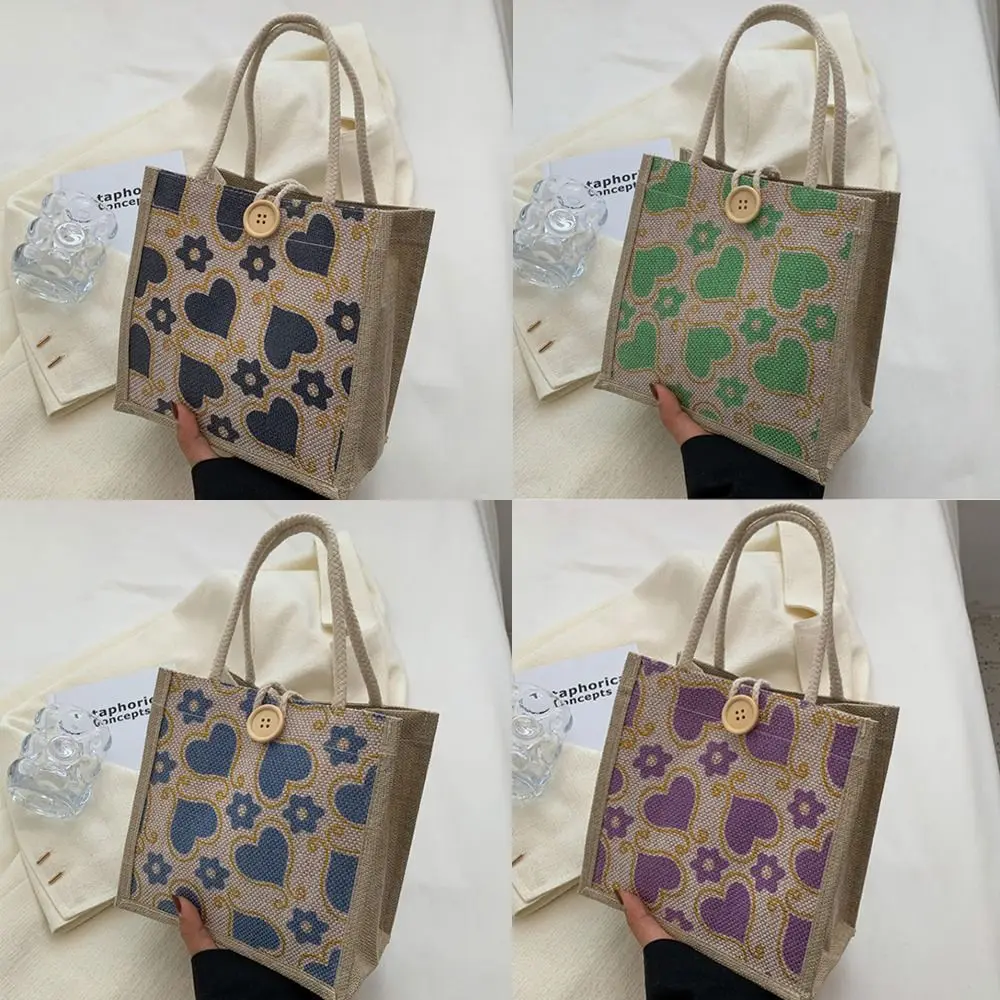 

Simple Linen Fabric Canvas Handbag With Button Love Flower Print Picnic Breakfast Bag Reusable Lunch Bags Office Worker