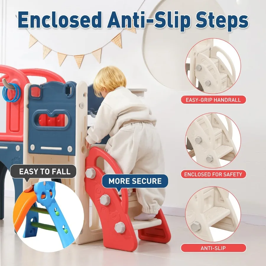 مجموعة لعب متسلق خارجي للأطفال الصغار مع كرة سلة للأعمار من 1 إلى 3 سنوات مجموعة منزلق وأرجوحة 12 في 1 منزلق داخلي لملعب D