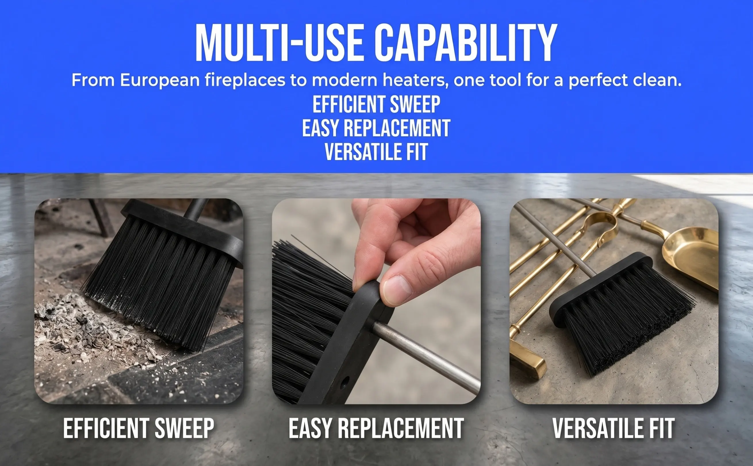 European Style Wood Fireplace Brush Set Villa Ash Cleaning Heating Replacement Head Mini Dustpan Chimney Brush