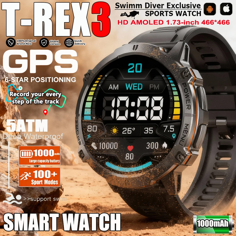 

New Military T-REX3 GPS Track Smart Watch Men 1000mAh Large Battery 5ATM Waterproof HD Bluetooth Call Outdoor Sports Smartwatch