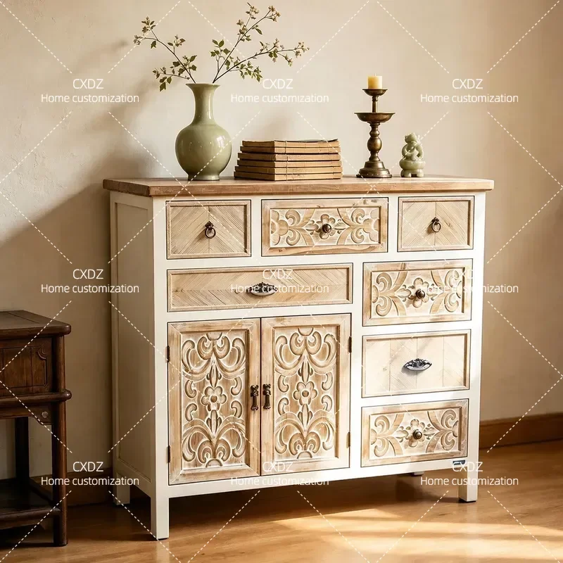 Carved Solid Wood Country Porch Cabinet Multi Drawer Storage Chest Retro Bedroom Furniture American Style Household Organizer