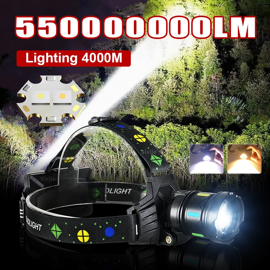 

Мощный налобный фонарь 550000000LM с белым и желтым светом, перезаряжаемый светодиодный фонарь с зумом для рыбалки, кемпинга и активного отдыха
