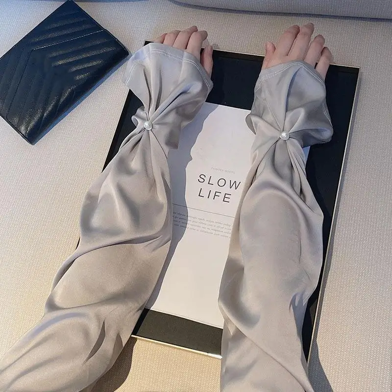 

Элегантные перламутровые солнцезащитные рукава из ледяного шелка с длинными рукавами, дышащие защитные рукава для женщин, езда на велосипеде, вождение ледяными рукавами