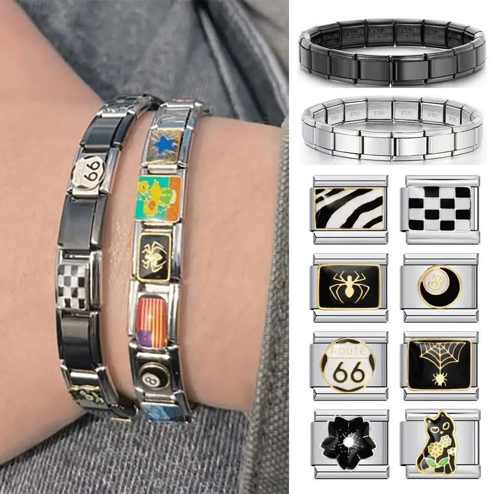 Image of Personalisiertes DIY Schwarz Silber Farbe Italienisches Charm Armband Spinne Katze Zebra Streifen Perle 9mm Armband Edelstahl Schmuck