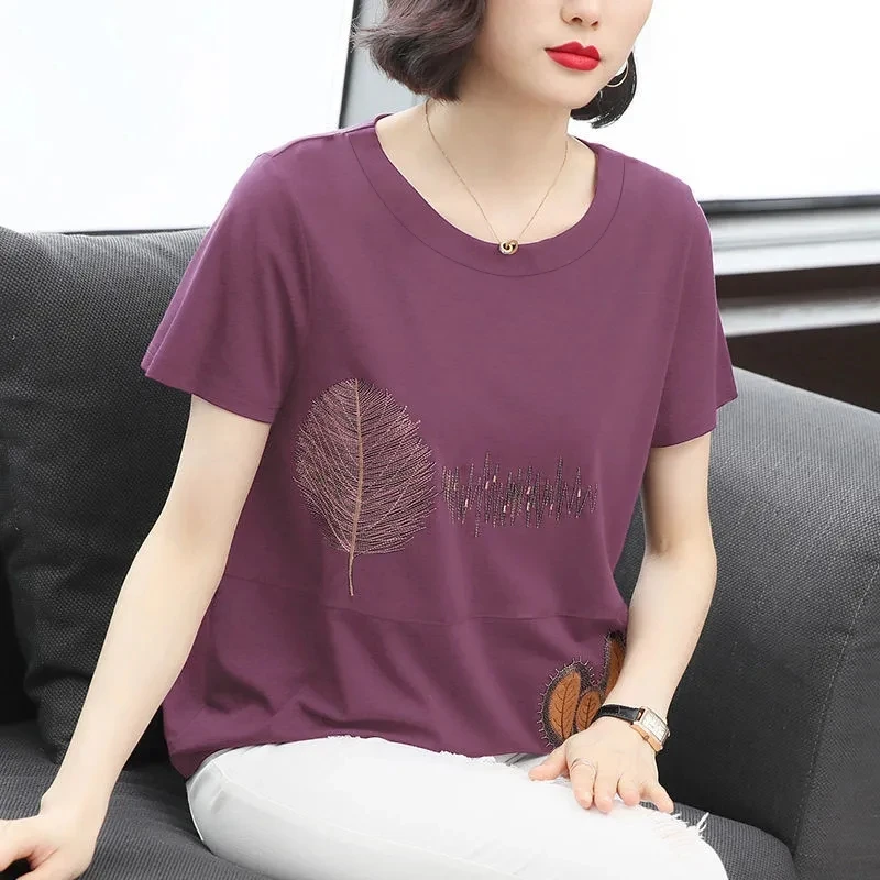 Tee Shirt Femme Embroidery T Shirt Women 2024 New Summer Short Sleeve Ladies Tops Fashion Clothing T-Shirt Cotton Tshirt Female