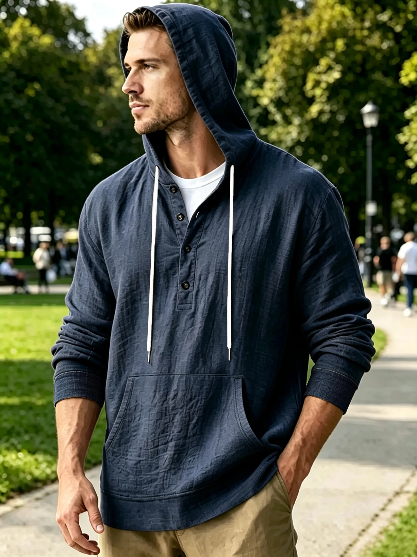 Men's Henley Hoodie Sweatshirt, Casual Daily Style, Half Button Placket, Drawstring Hood & Kangaroo Pocket, Breathable Textured