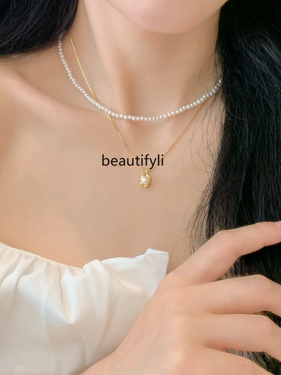 

Summer New Necklace Light Luxury Minority Double-Layer Pearl Pendant Clavicle Sweater Necklace High Sense