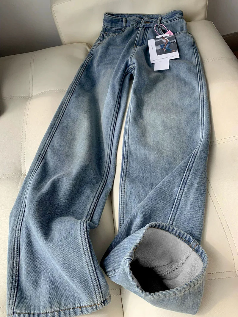 

Women Stylish Blue Denim High Waisted Wide Leg Jeans Female Trousers Button Zipper Closure Pockets Cozy Fleece Lining Lady Pants