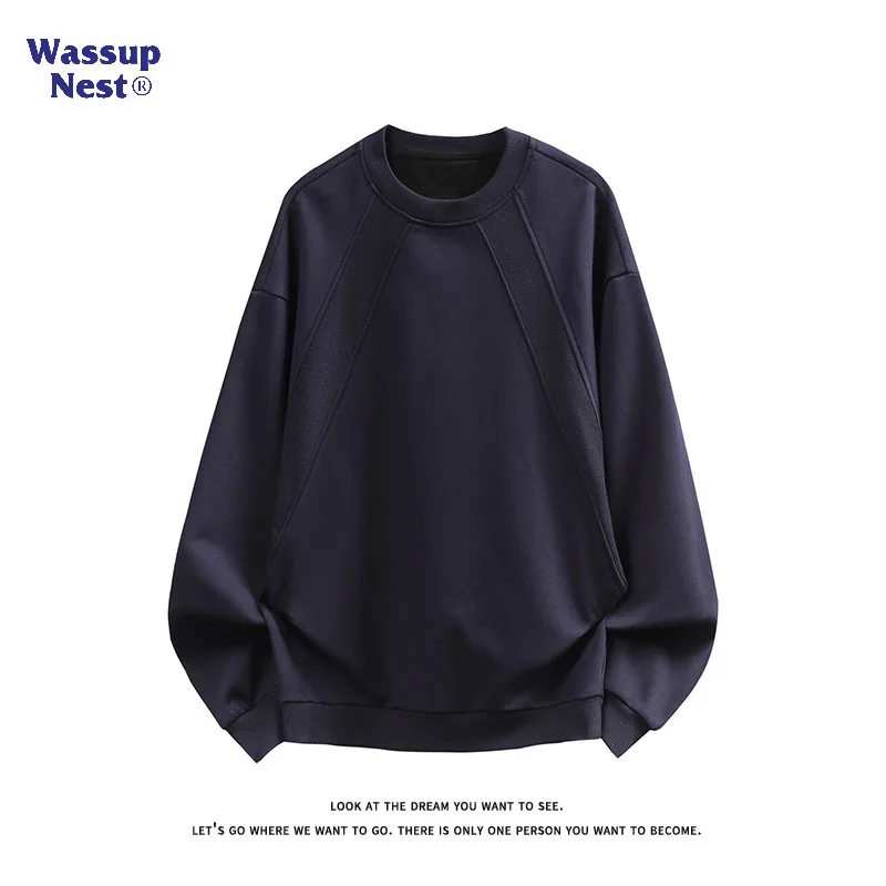 Autumn Cotton Heavy Splicing Boxy Crew Neck Sweater Male Teen Long Sleeve Loose Pullover