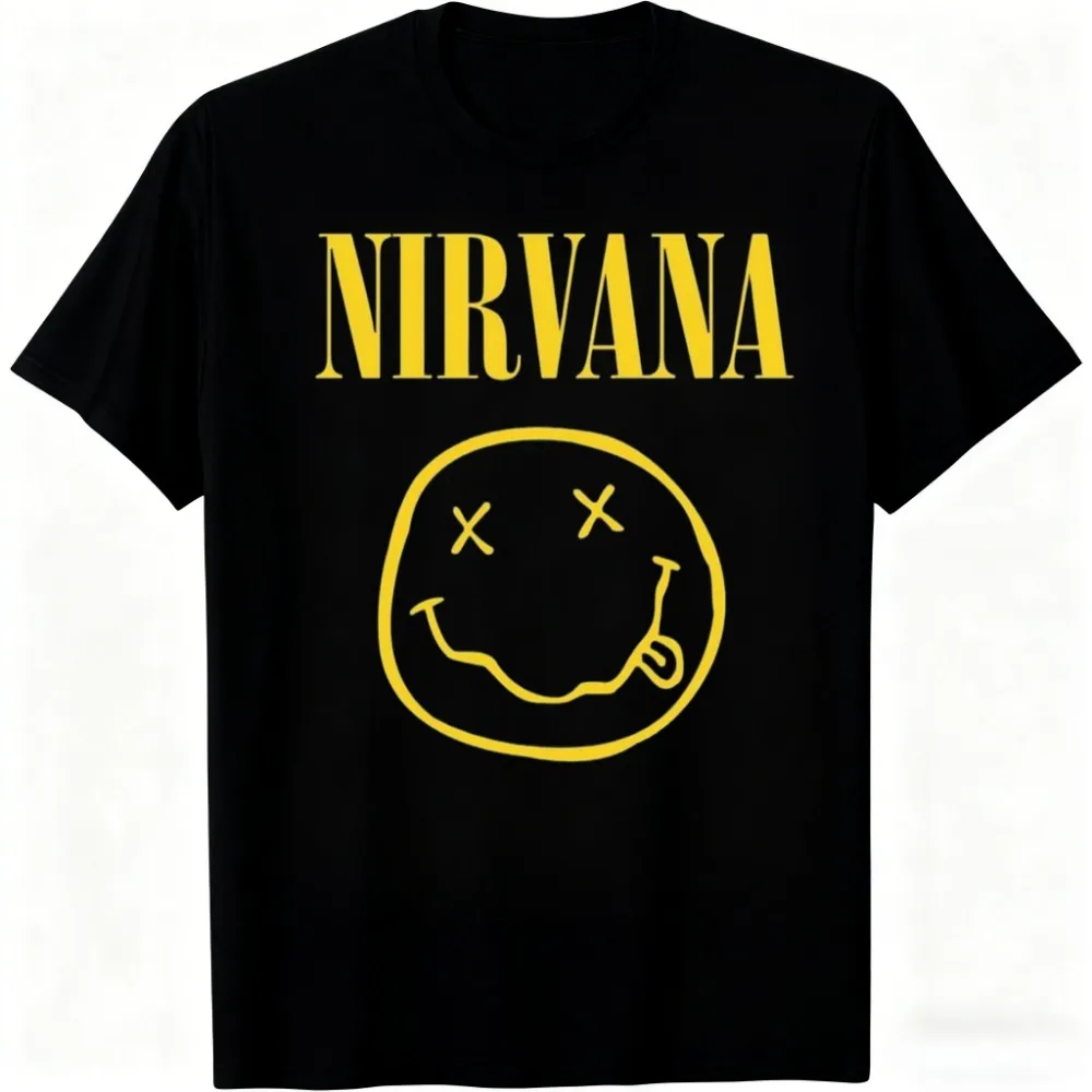 T-shirt unisexe à manches courtes et col rond, style rock rétro tendance, imprimé visage souriant du groupe Nirvana, en pur coton respirant