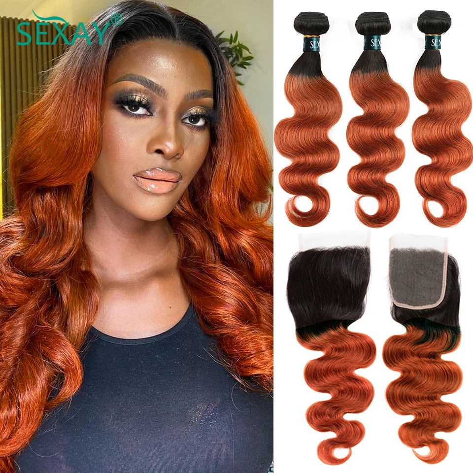 2 Tone Orange Human Hair Bundles With Closure Pre Plucked Ombre Orange #350 Color Body Wave Human Hair Bundles With Lace Closure