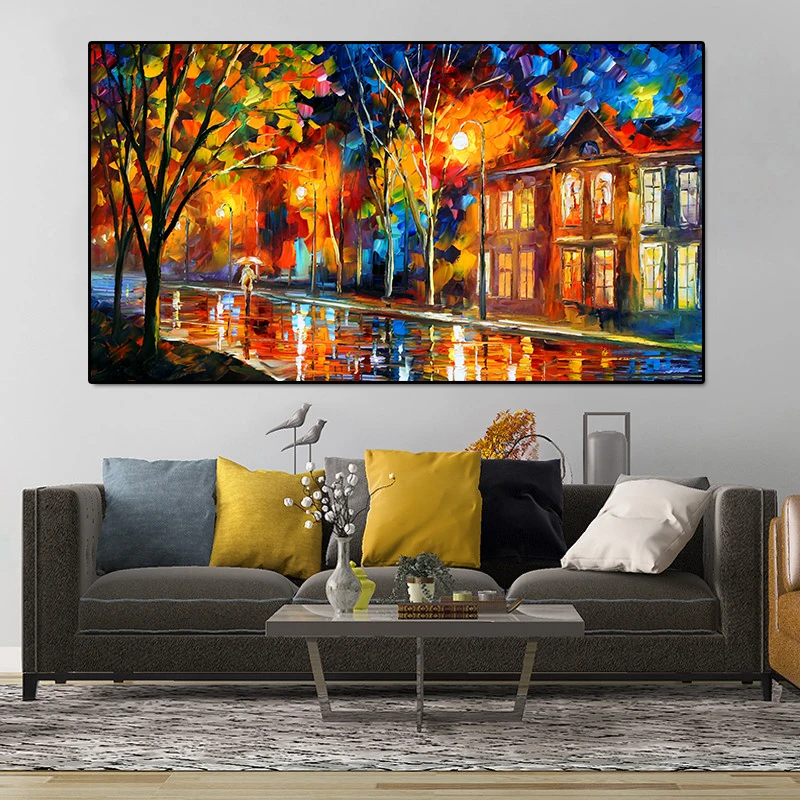 Colorful City House Bridge Night Afremov Landscape Oil Painting Canvas Prints and Posters with Frame for Living Room Home Decor