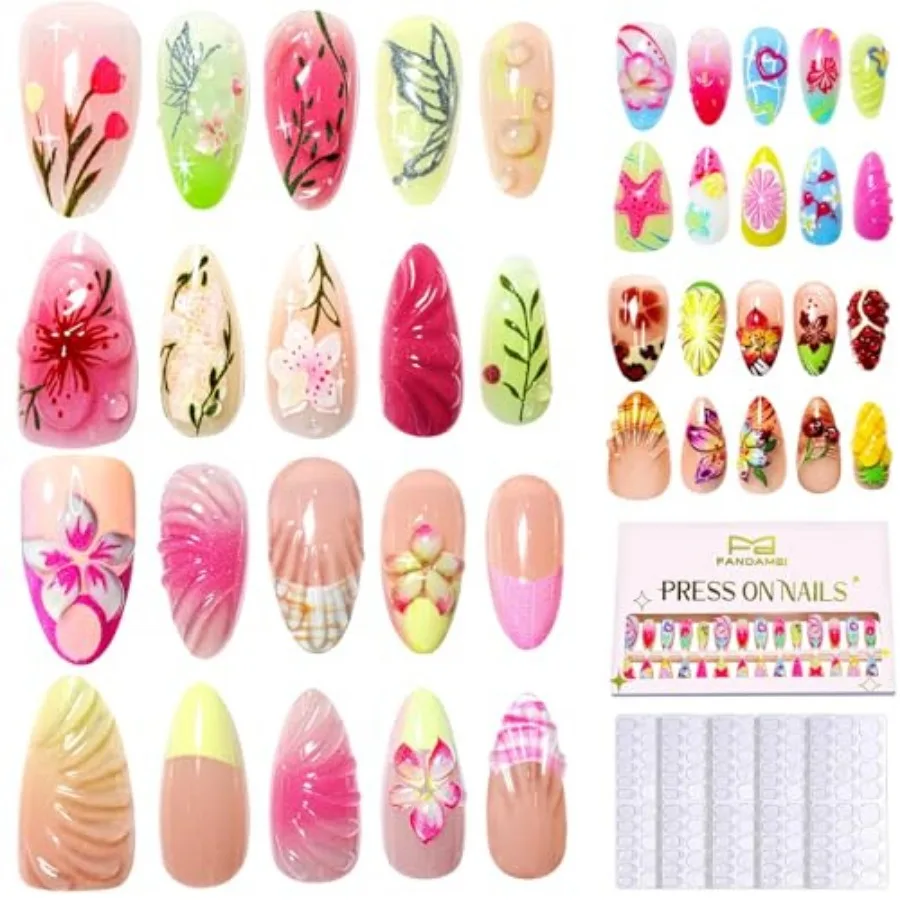 

Press on Nails, 4 Styles 20PCS 3D Flower Press on Nails Short Almond Fake Nails, Medium Almond 3D False Nails, Flower Butterfly