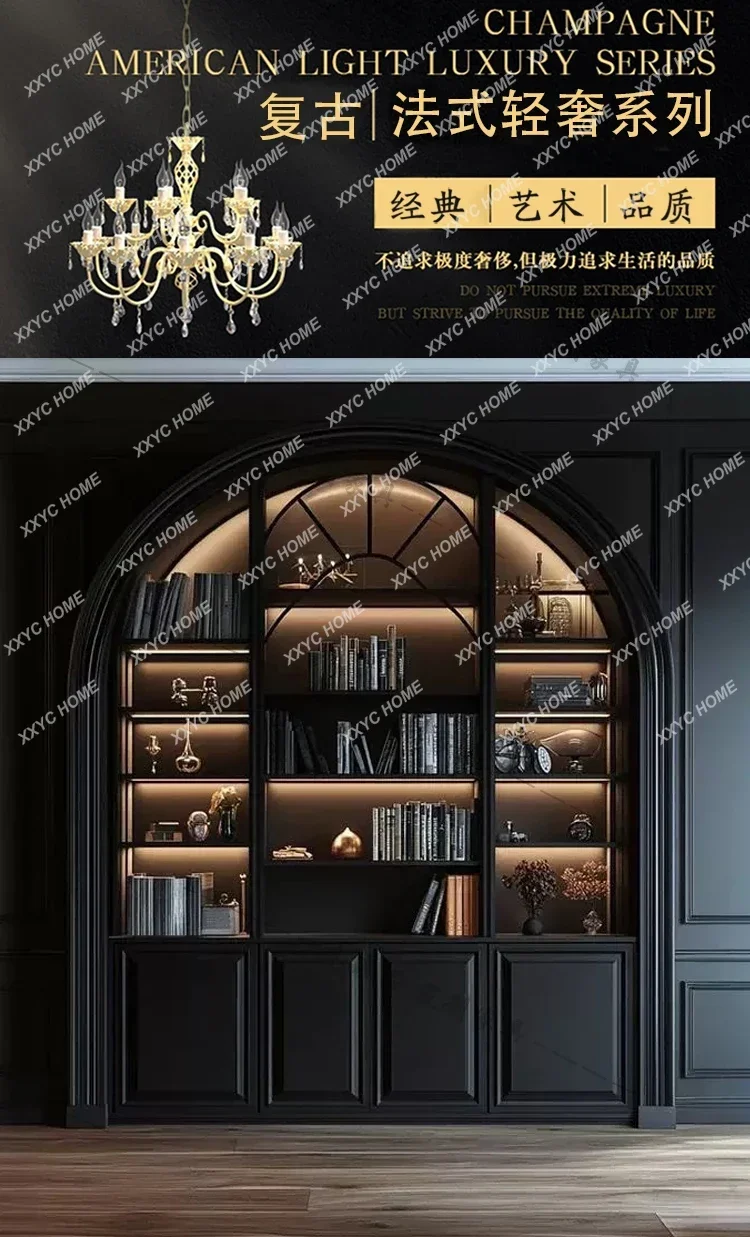 A French retro solid wood bookcase villa arched integrated display cabinet light luxury storage side cabinet