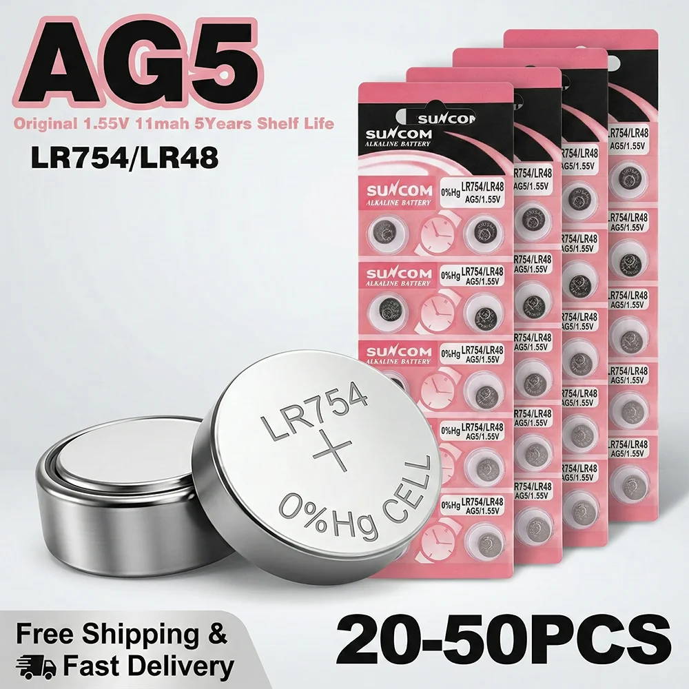 1.55V AG5 LR754 Alkaline Button Battery 20-50PCS 393 193 SR754 SR754SW L754 LR48 Coin Cell For Watch Clock Toys