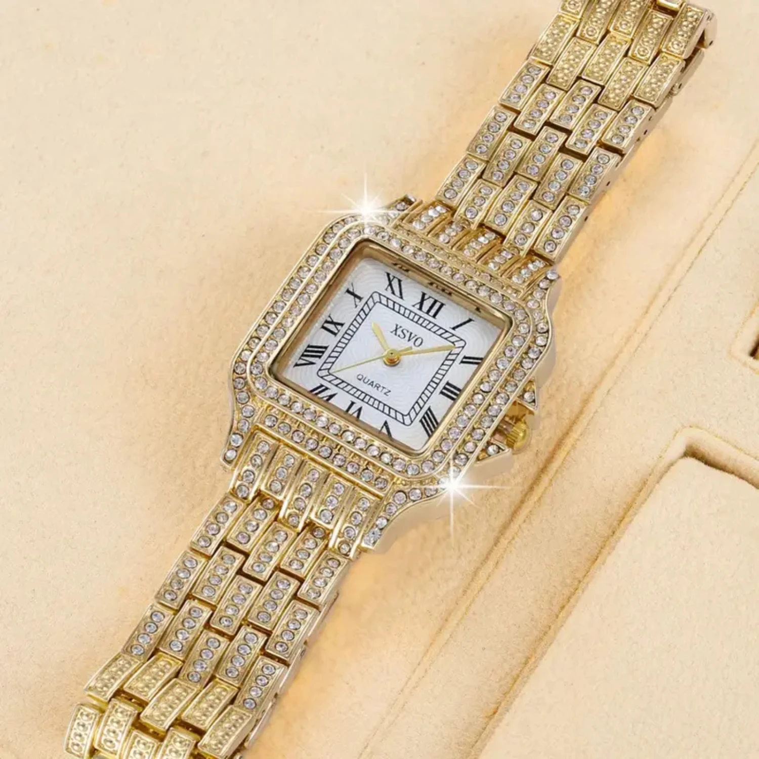 ساعة كوارتز بحزام فولاذي مربع كبير الحجم ولوحة حجر الراين #5