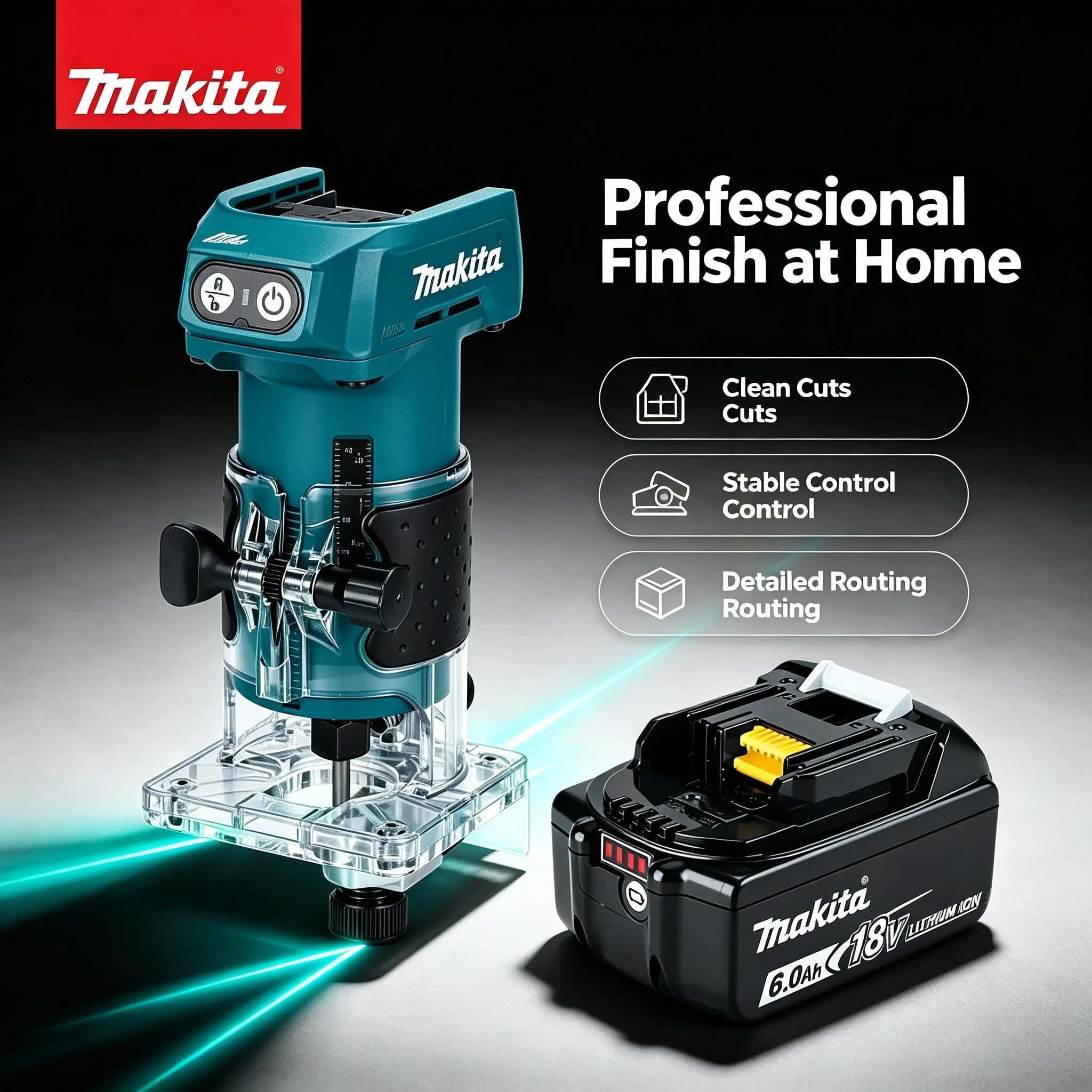 Makita DRT52 18V LXT Défonceuse sans fil compacte avec profondeur de travail réglable avec précision, appareil de menuiserie pour le façonnage complexe des bords, le creusement de rainures, le traitement des fentes, la transformation du bois artisanal et la décoration intérieure.
