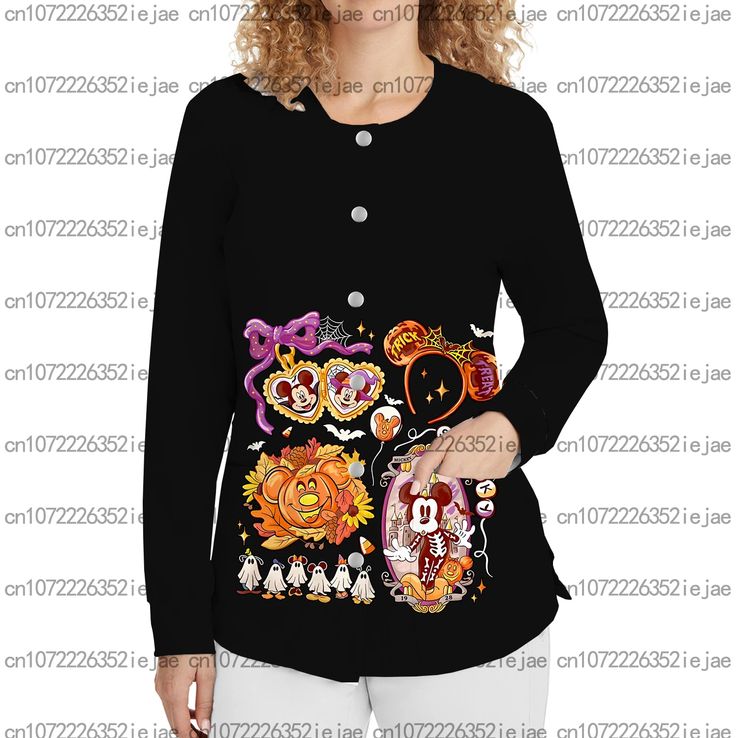 زي عمل نسائي من ديزني للهالوين ميكي مطبوع برقبة دائرية وزر فرك علوي لمتجر الحيوانات الأليفة وصالونات التجميل