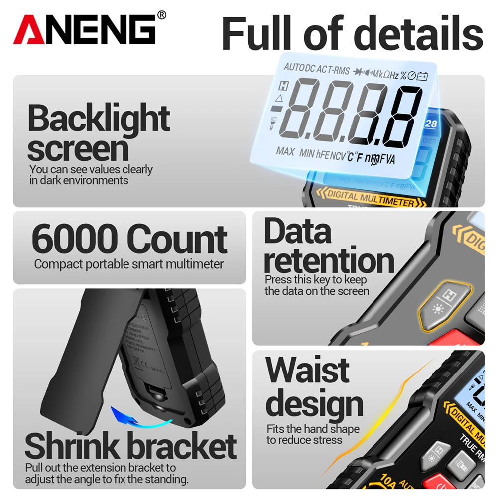 ANENG M128 Smart Multimeter 6000 Counts AC/DC Voltage Tester Ammeter Non-Contact Induction Ohm Capacitor Diode Detector Tool