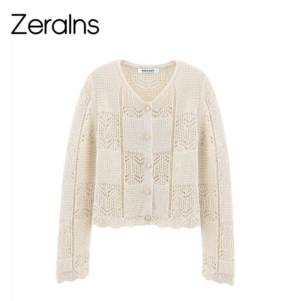 

ZERAINS 2025 Summer New Sweet and Fashionable Jacquard Mesh Round Neck Long Sleeve Knitted Cardigan Women's Coat