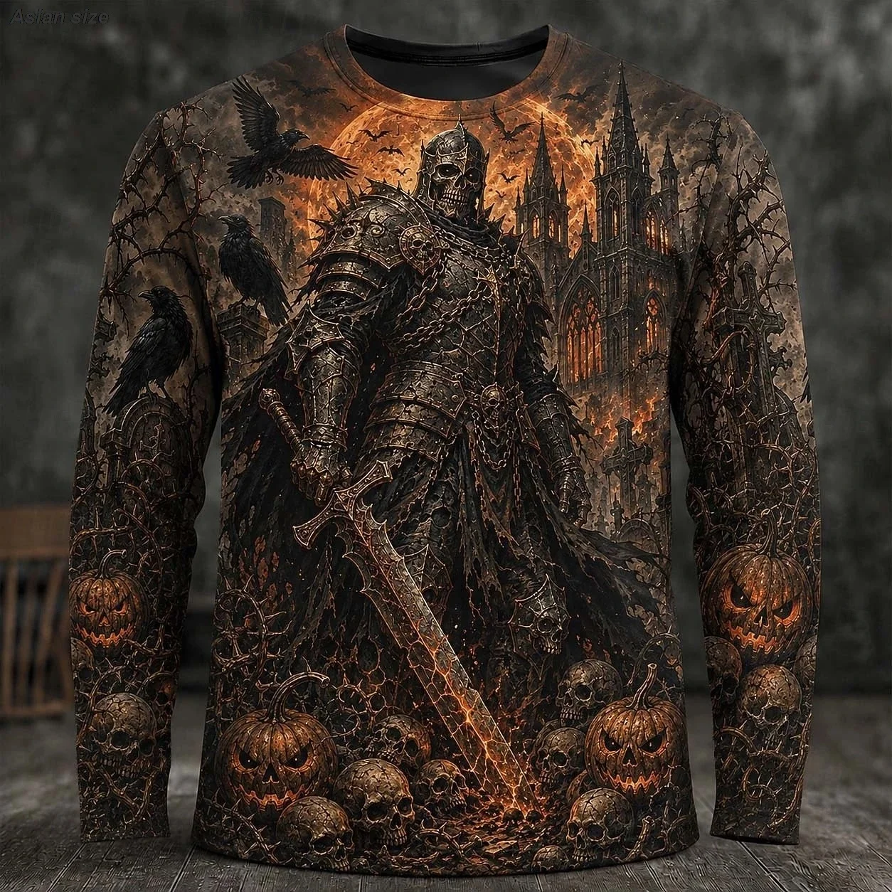 2026 new autumn and winter Halloween men's zombie bat monster T-shirt long sleeved T-shirt 3D printed round neck shirt T-shirt