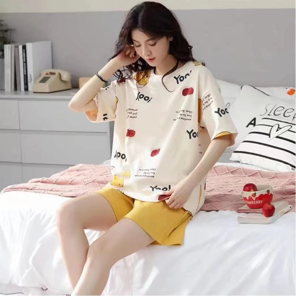 New Girl Short Sleeve Shorts Pajamas Loungewear Set Round Neck Pajamas Student Cartoon Dorm Set Summer Wear Women\'s Loungewear