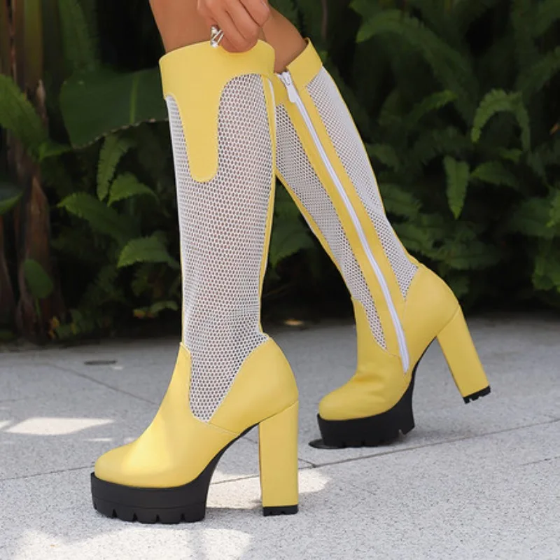 

Большие размеры, высокие носки из сетчатой ткани, ботинки с пряжкой на щиколотке, ультра толстый каблук, молния сзади, дышащие летние сапоги до колена