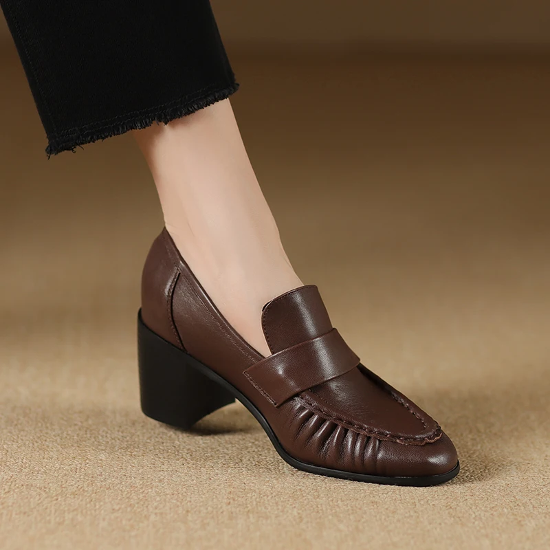 

2025 Women Pumps High Heels Classic Shoes Genuine Leather Round Toe Slip on Loafers Woman Leather Shoes Work Pleated Daily Shoes