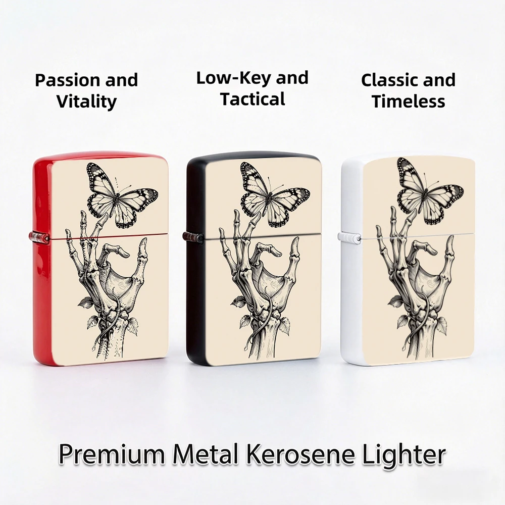 Vintage Flip Top Lighter lighters vintage Skeleton Hand Butterfly Line Graphic lighters for smokers For Collectible Daily Carry
