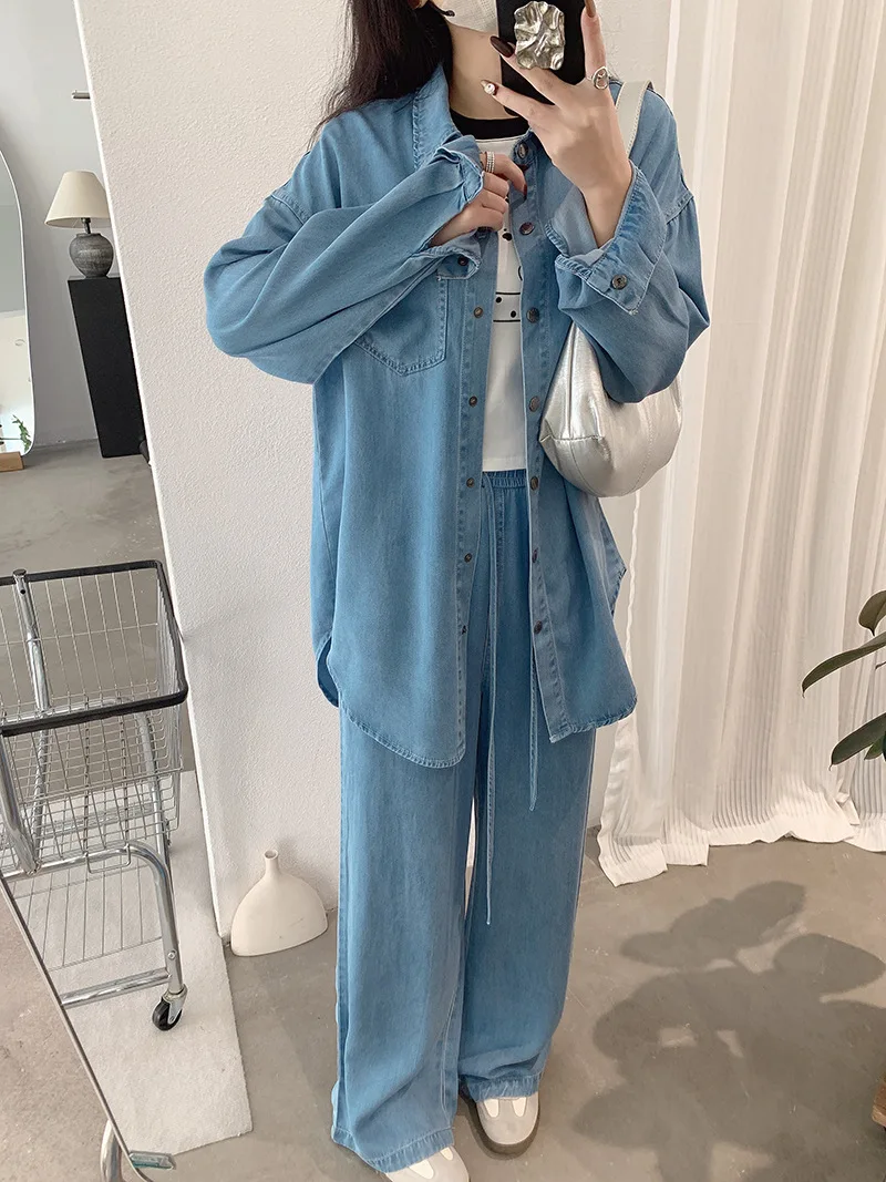 Spring New Women's Denim Set Korean Casual Fashion Simple Solid Color Lapel Long Sleeve Shirt Wide Leg Jeans Two-piece Sets view 4