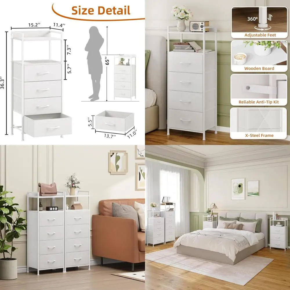 

Stylish White Nightstand with 4 Drawers, Fabric Drawers, Wooden Top, and Sturdy Steel Frame for Bedroom