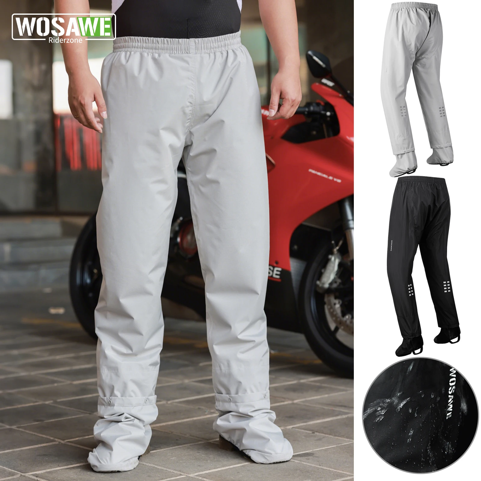

WOSAWE Men's Motorcycle Rain Pants Waterproof Windproof Reflective Sports Hiking Running Quick-dry Cycling Trousers Shoe Covers