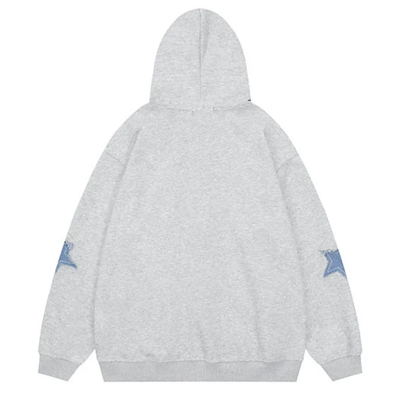 BIG PROMOTION Y2K European and American Autumn and Winter Men\'s Vintage Star Patch Hooded Sweater Loose Casual Cardigan Coat