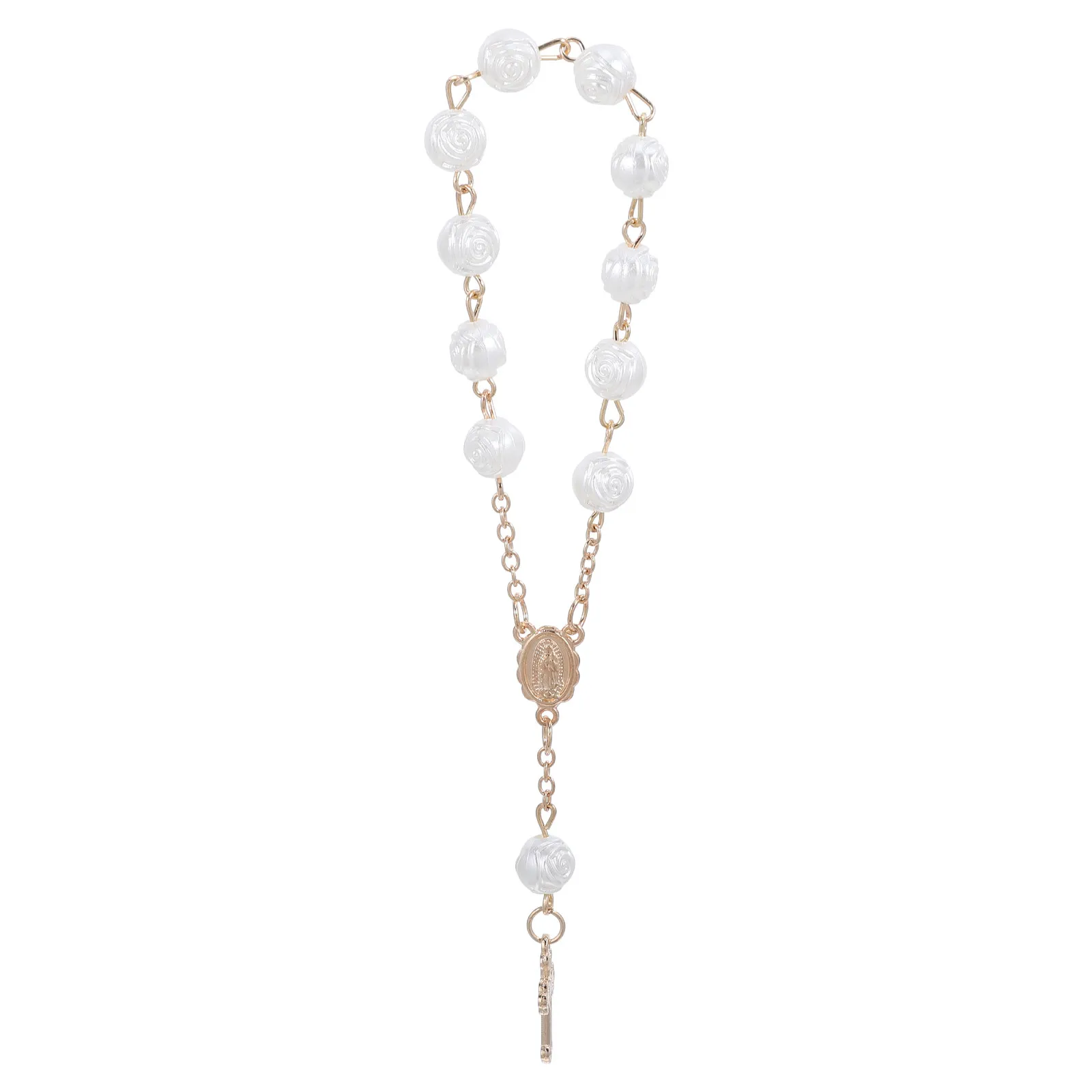 Car Rearview Mirror Rosary Hanging Charm Rose Bead Chain Cross Pendant Non-Slip Auto Interior Decoration Car Cross Hanging Charm