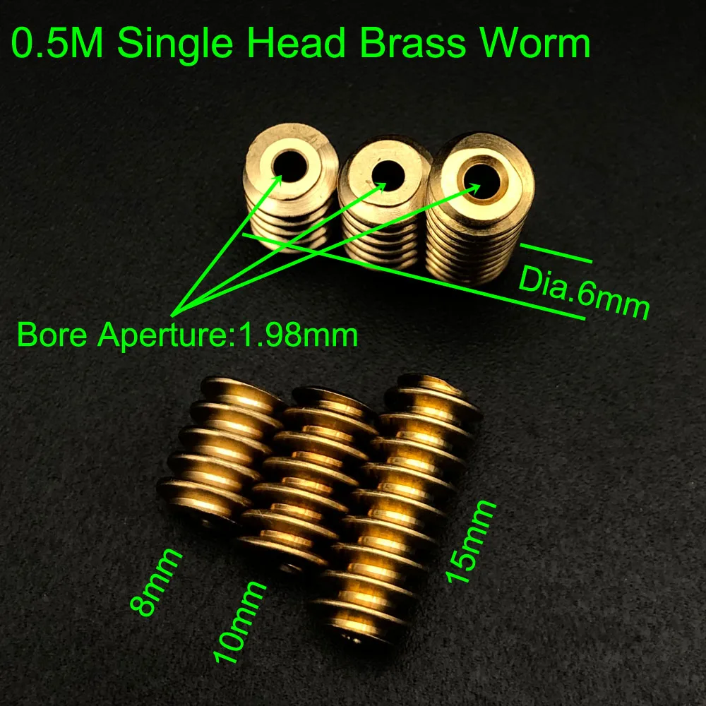 0.5M Modulus Diameter 6mm Height 8mm 10mm 15mm Brass Single-Head Worm Gear 5°43′ Helix Angle Bore Hole Aperture 1.98mm 2mm 1.5A