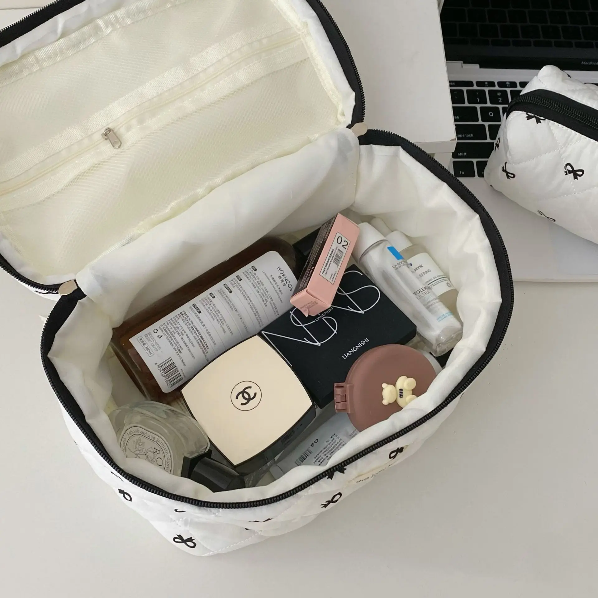 Fashion Cherry Tote Women Makeup Bag Portable Cute Ladies Cosmetic Toiletry Storage Pouch Handbag Cotton Quilted Zipper Bag