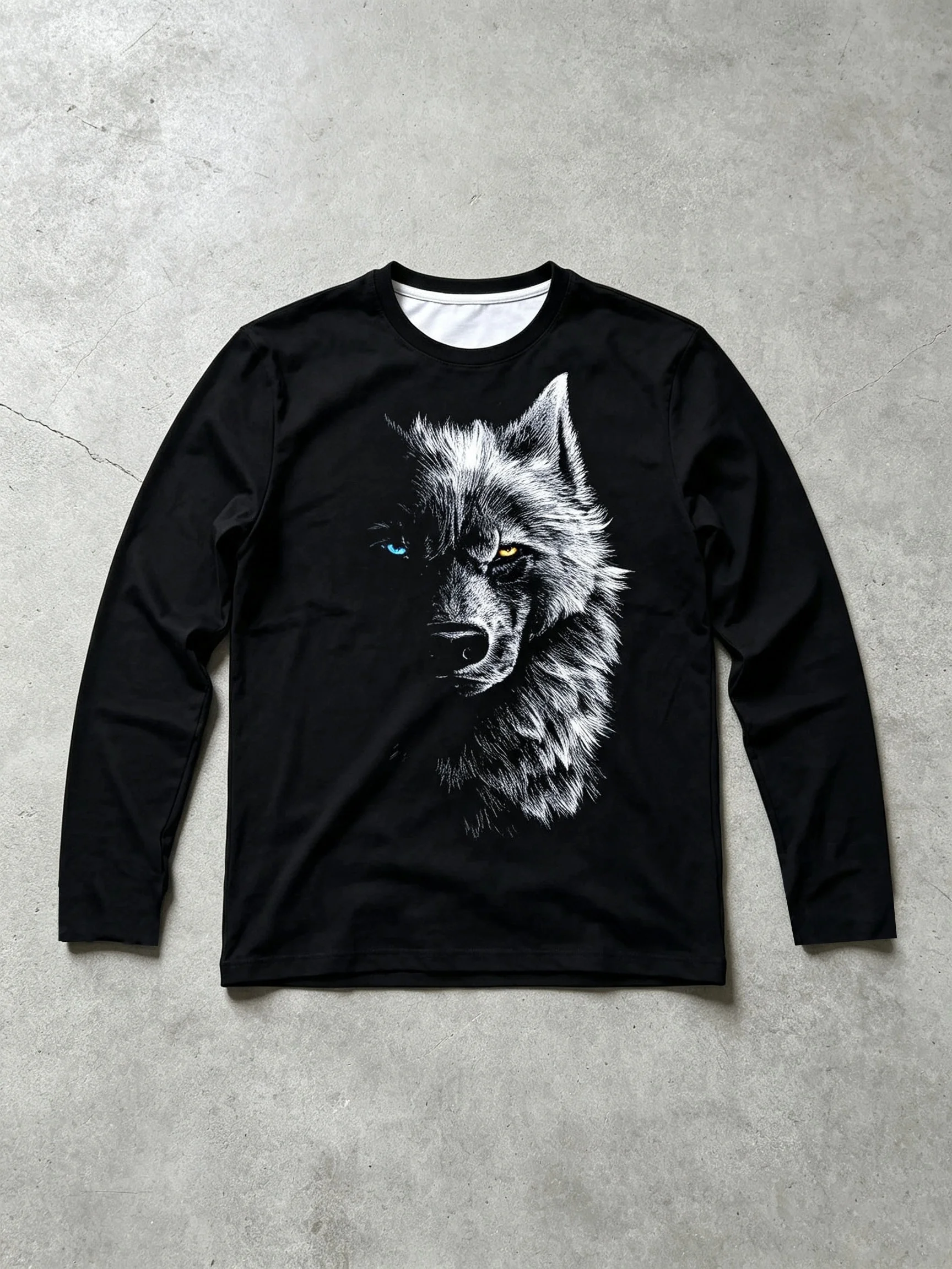 Men’s long-sleeve T-shirt featuring a wolf-head animal print and a crew neck—a stylish choice for everyday wear.