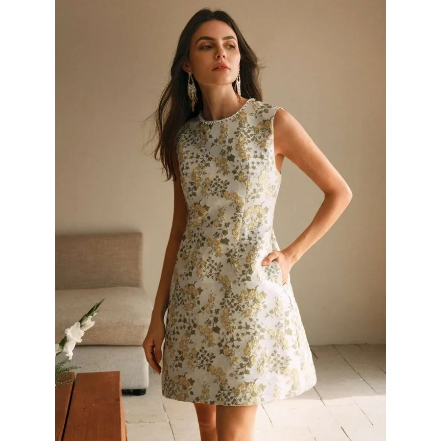

【New style】Elegant High-End Jacquard Beaded Sleeveless Women's Dress For Autumn Season