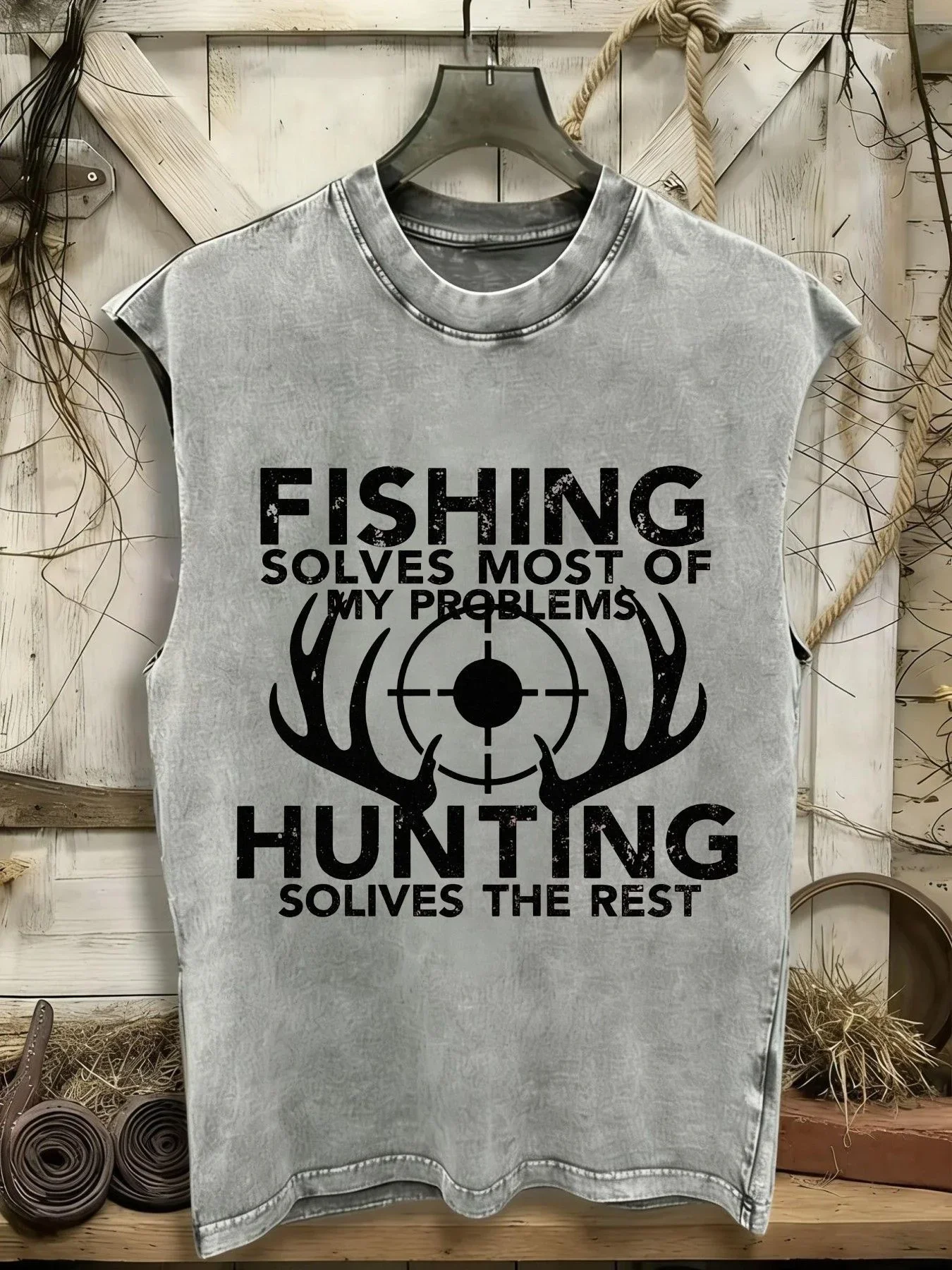 Customization 100% Sleeveless Vest, 210G Washed Vest, 'Fishing Solved Most Of My Problems, Hunting Solved The Rest, ' With Horn view 2