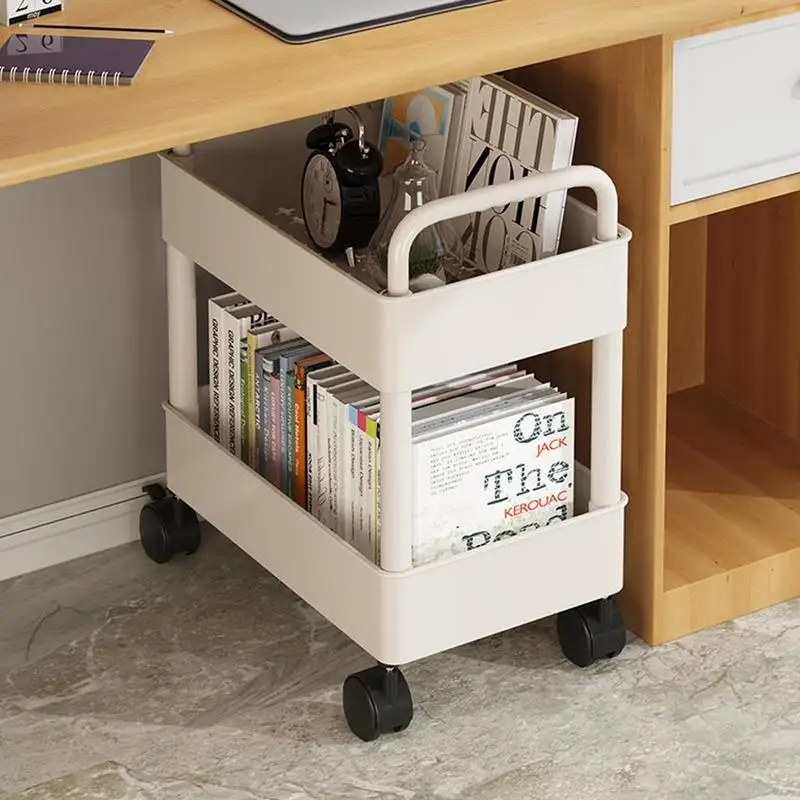 Under Table Storage Shelf With Wheel 2-Layer Movable Bookshelf Cart Household Sundries Storage Trolley Book Cart Organizer