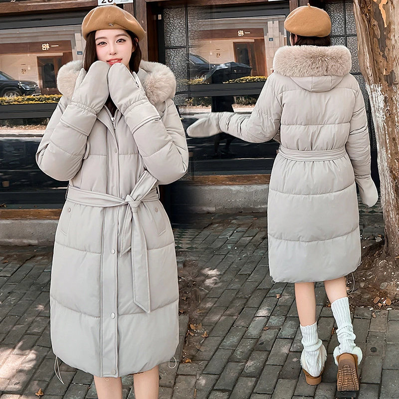 冬用厚手暖かいフード付きビッグファーカラー女性用ロングパーカー細身ウエストベルト付き手袋付き気質通勤ダウン綿入りコート