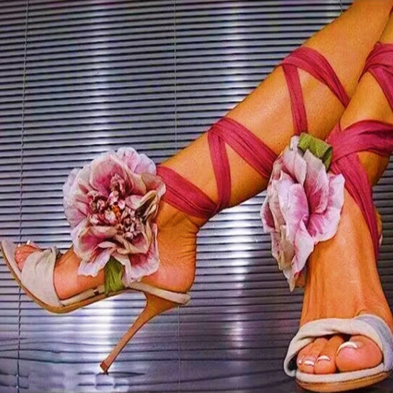 

Modern Flower Lace Up Ankle Wrap Pointed Toe Sandals White Suede Cloth Hollow Cover Heels Summer Dress Shoes Real Photo