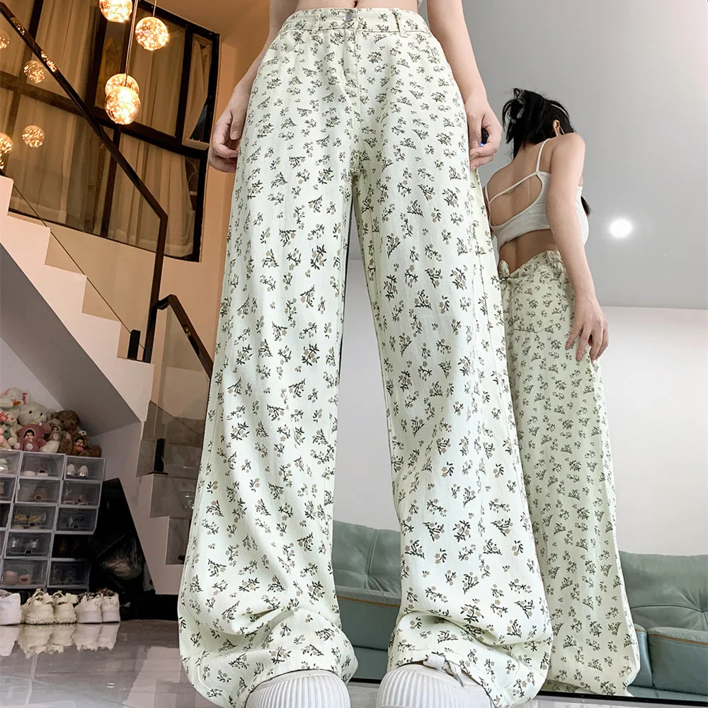 

Street Retro Apricot Floral Jeans Women's High Waist Loose Wide Legs Casual All-match Straight Trousers Women Baggy Jeans Jeans