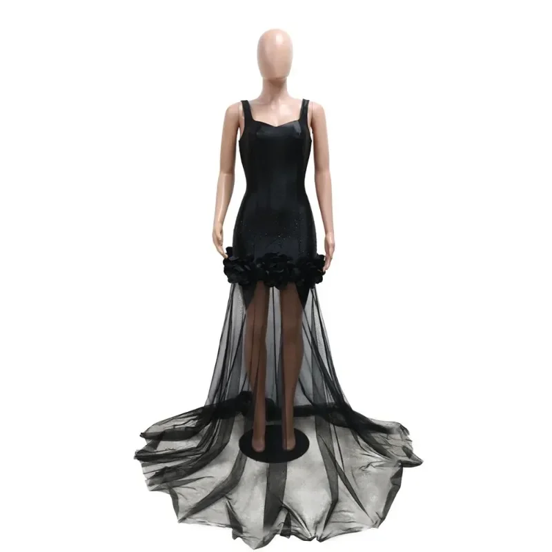 

New Black Mesh See Though Flower Ruched Luxury Rhinestone Wedding Evening Mermaid Long Dress Women Strap Cocktail Birthday Robe