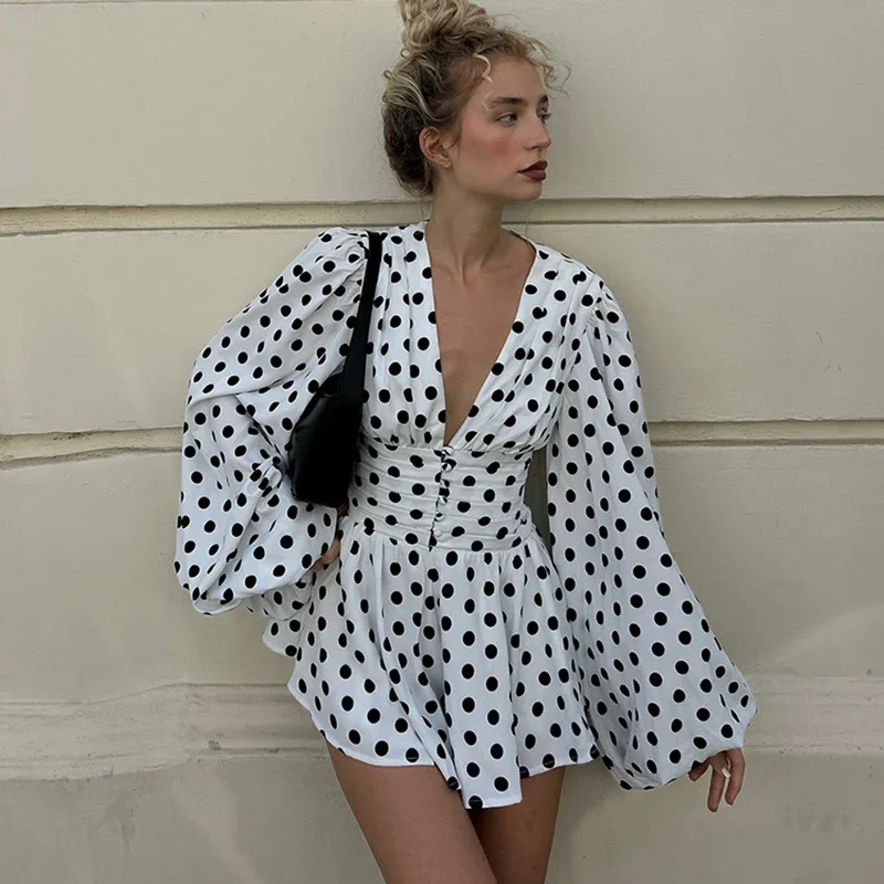 

Polka Dot Puff Sleeve Mini Dress For Women Deep V neck sexy High Waist A-line Dress Elegant Autumn New Female ommuting