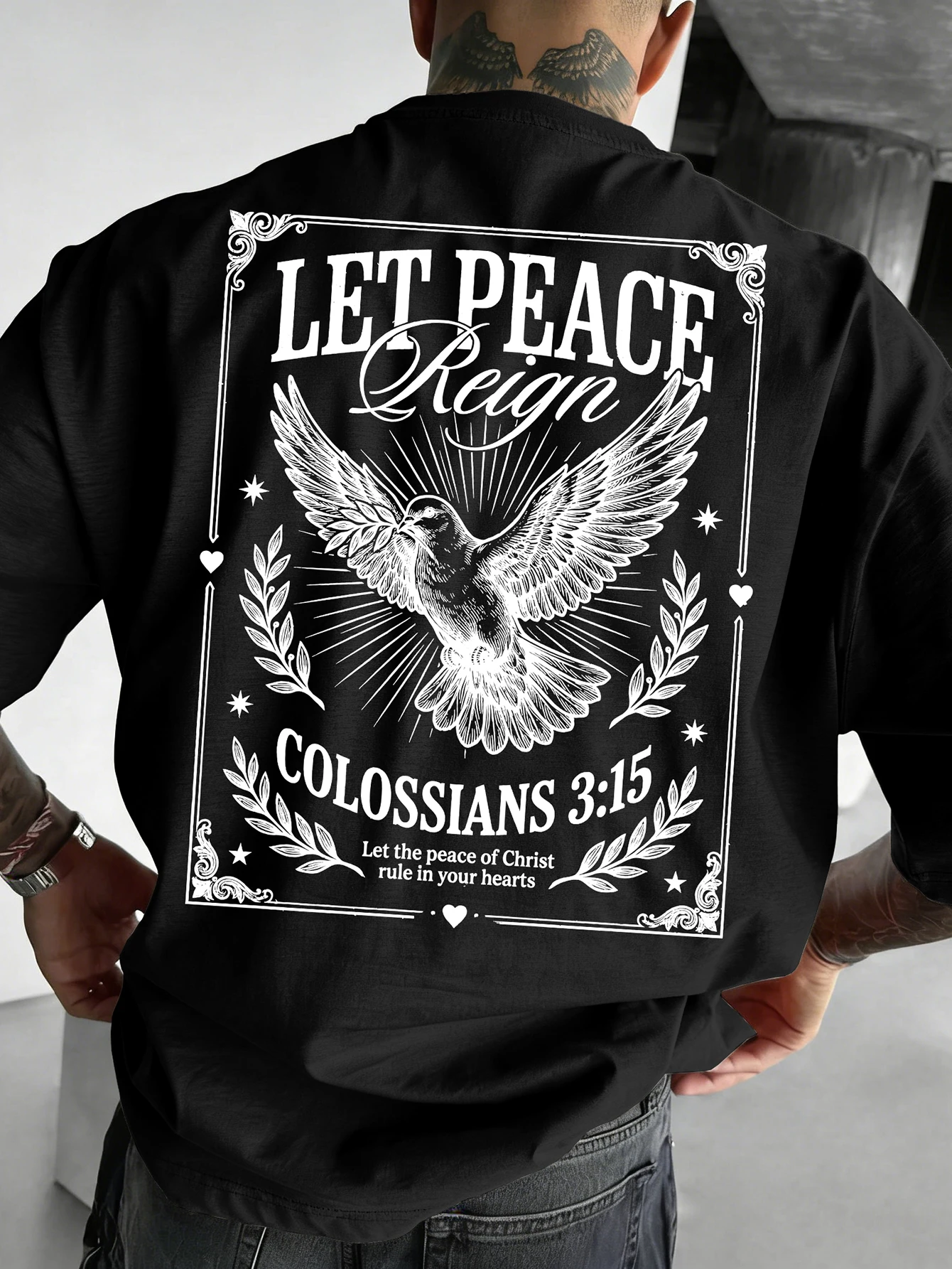 Men's Oversized Christian Faith T-shirt Brand Vintage Peace Dove Bible Verse Graphic Print Loose Fit Cotton Short Sleeve White C