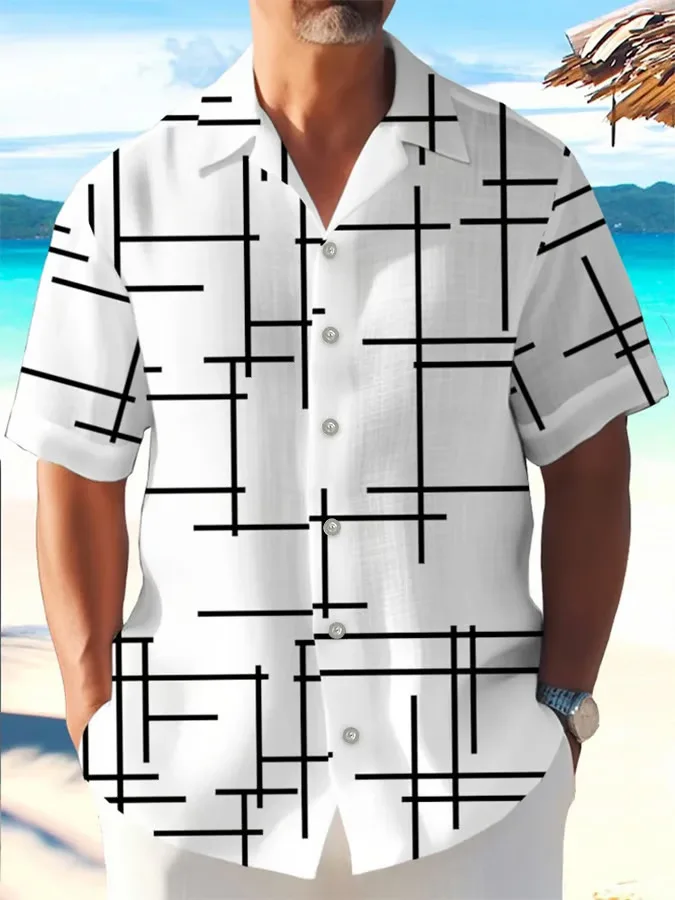 الرجال الرجعية بسيطة مخطط المتناقضة اللون ثلاثية الأبعاد قميص مطبوع قصيرة الأكمام التلبيب الأساسية هاواي شاطئ عطلة قميص حفلة #1