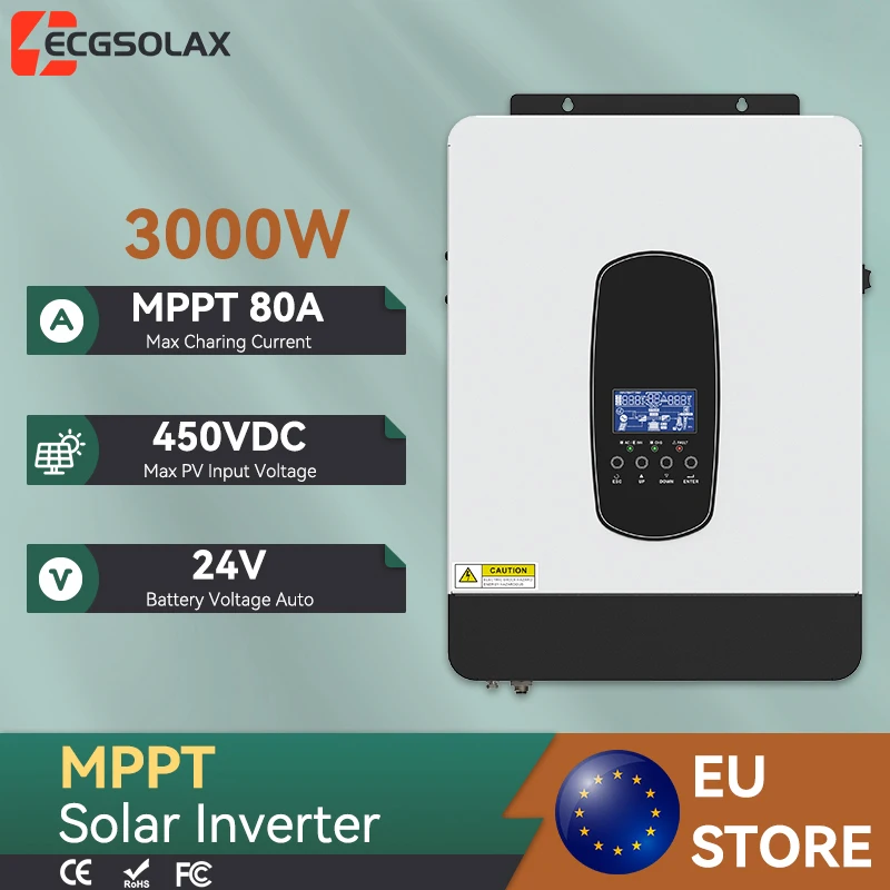Inversor Solar Híbrido ECGSOLAX de 3KW, 24V a 220Vac, Onda Sinusoidal Pura, con Controlador de Carga MPPT de 80A, Máx. Voltaje fotovoltaico 450VDC
